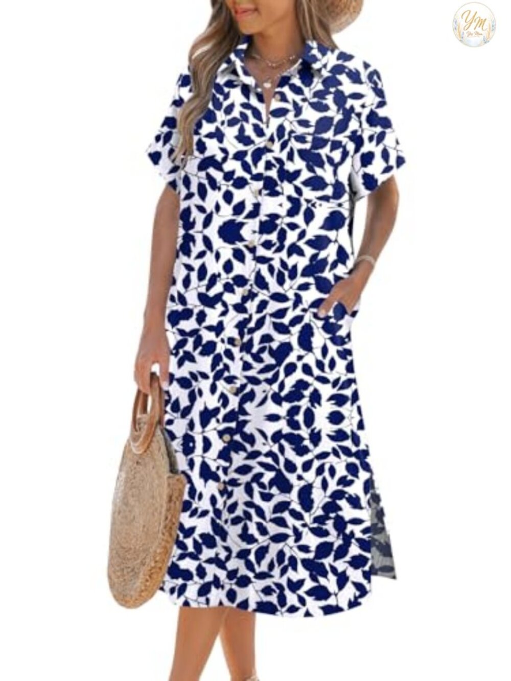 Casual Short Sleeve Button Down Midi Shirt Dress with Pockets